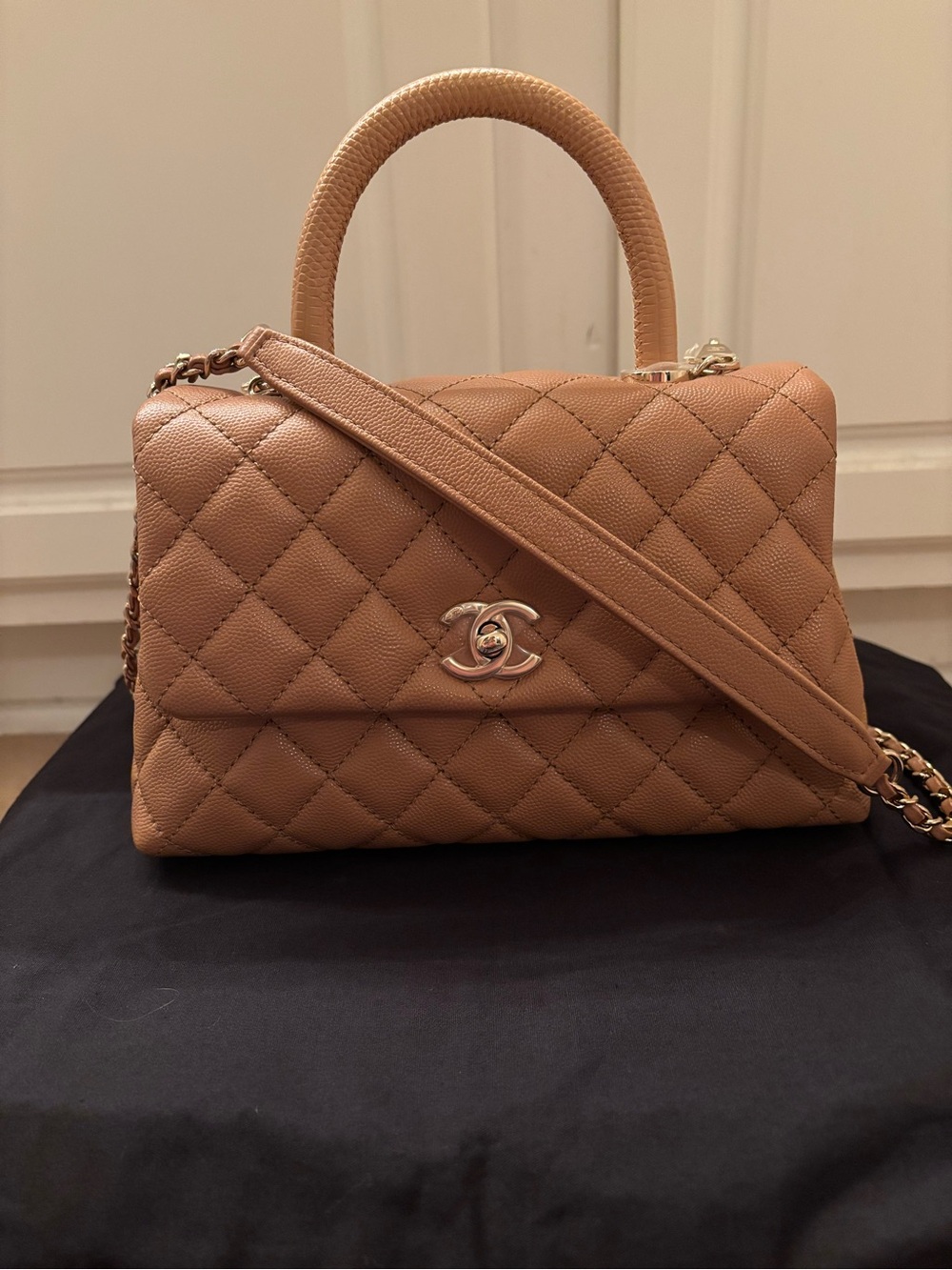 CHANEL Quilted Leather Top-Handle Satchel in Tan